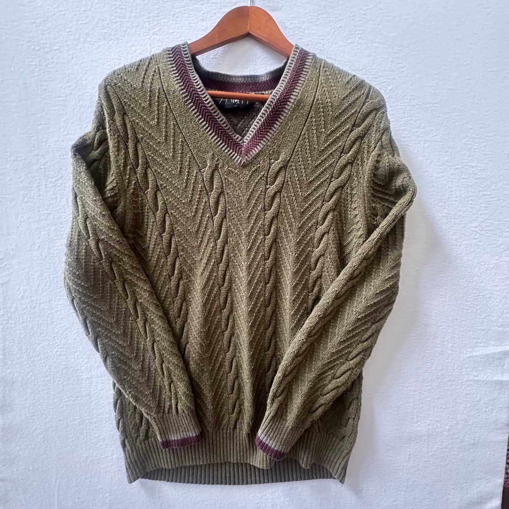 Hart Schaffner Marx Mens Large Olive Green Cotton Cable Knit V-Neck Sweater
